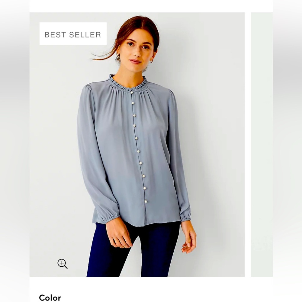 New Ann Taylor Mixed Media Ruffle Neck Blouse w/ Pearl Buttons Gray Size Small